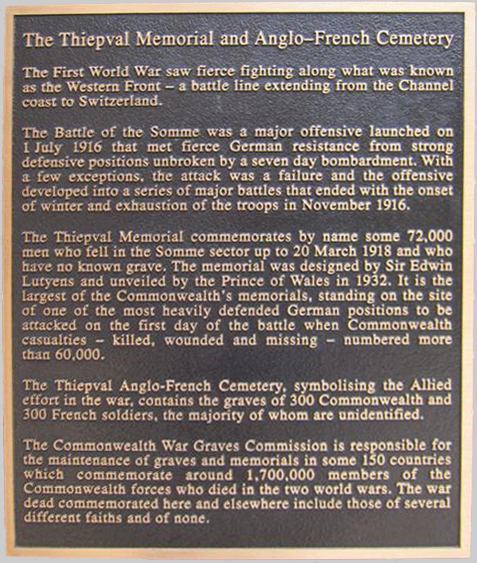 Plaque at Thiepval