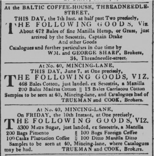 Newspaper notices for cargo imported on Sesostris, 1825