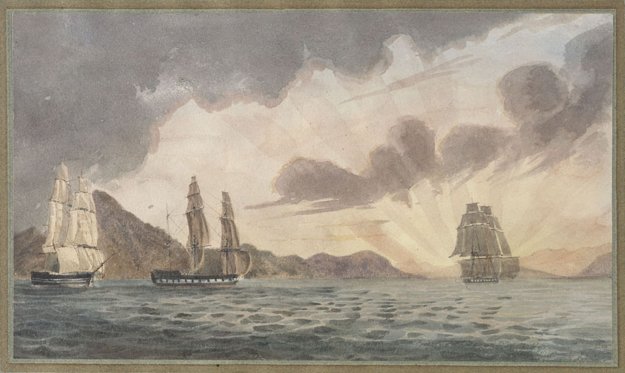 Watercolour of Sesostris and Morley piloted through the Torres Straits 
        by the little Britomart, Captn Stanley